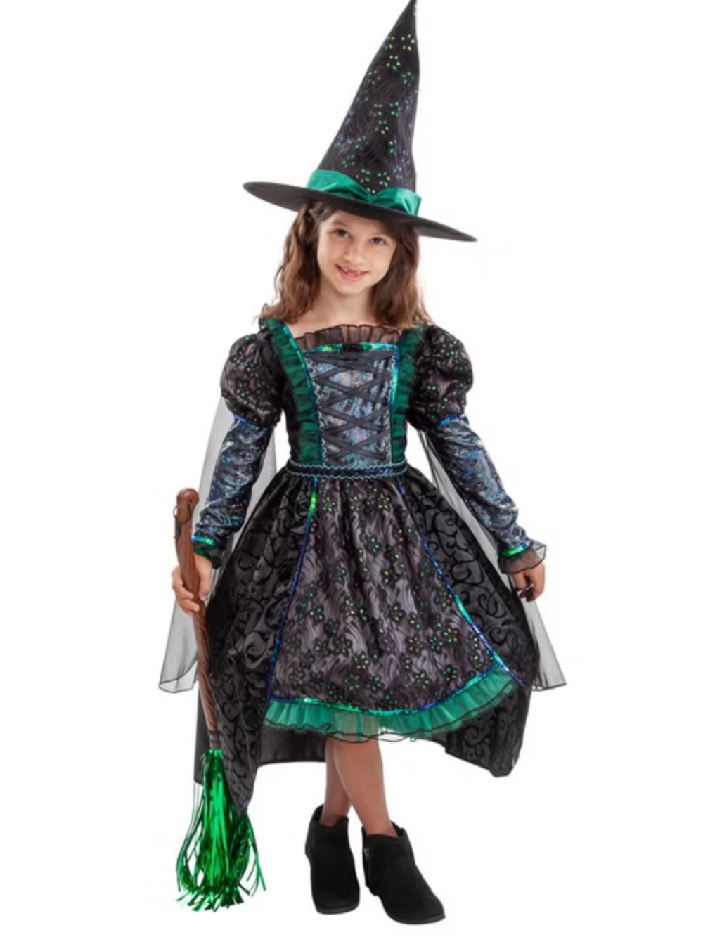 Girls Black and Green Witch Costume Dress Hat and broom Size 5/6